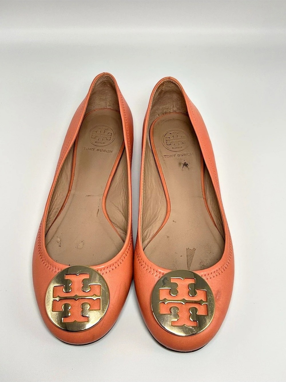 Tory Burch Reva Ballet Flats in a poppy coral/orange leather colorway US 9
